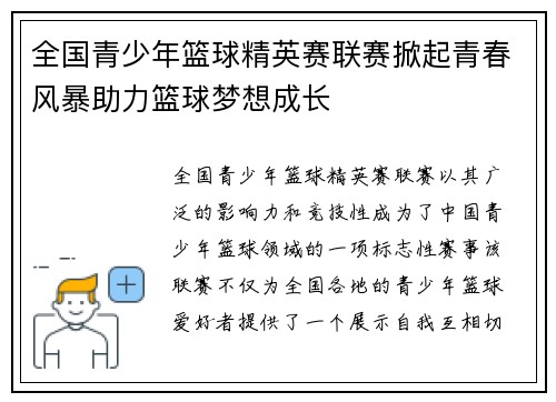 全国青少年篮球精英赛联赛掀起青春风暴助力篮球梦想成长