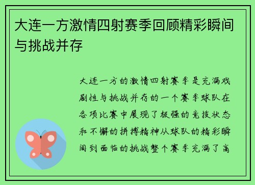大连一方激情四射赛季回顾精彩瞬间与挑战并存