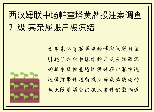 西汉姆联中场帕奎塔黄牌投注案调查升级 其亲属账户被冻结 西汉姆联中场帕奎塔黄牌投注案调查升级 其亲属账户被冻结